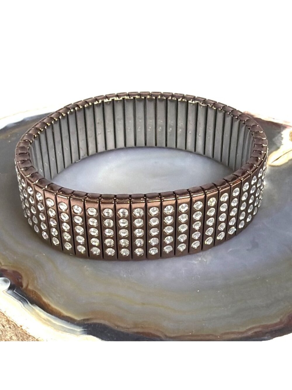 VTG Swarovski Crystal Signed 5 Row Rhinestone Copper Expansion Bracelet Gift Bag - Picture 6 of 16